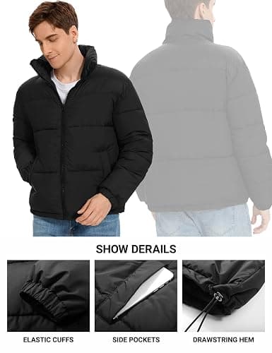 PEHMEA Men’s Puffer Jacket Stand Collar Zipper Coat with Pockets Retro Bubble Outwear for Winter thumbnail 6