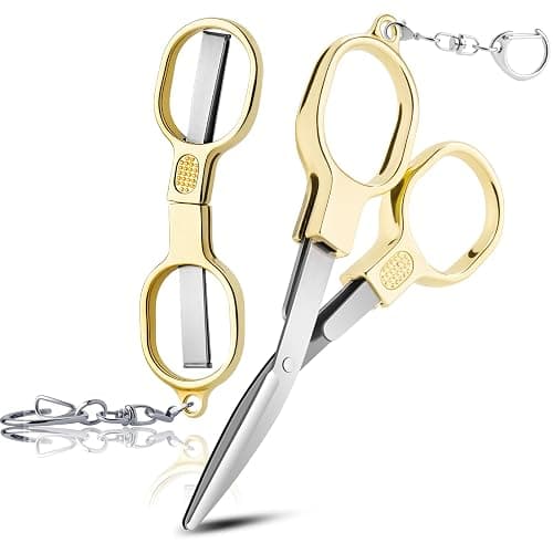 2 Pcs Folding Stainless Steel Portable Mini Small Travel Scissors, Safety Foldable Pocket Badge Nursing Scissors with 2 Keychain for Travel, Home, Office, Craft, Sewing (Gold) - Image 1