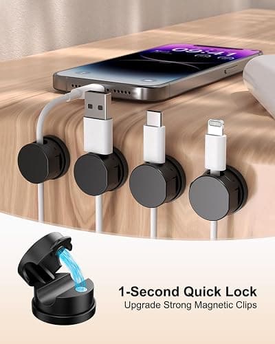 OneLeaf 8 Pack 360° Rotatable Strong Magnetic Cable Clips Cord Holder for Nightstand, 1s Lock Phone Charger Holder, Adhesive Magnetic Cord Clips for Home/Office/Car/Game Station, Smooth Adjustable thumbnail 2