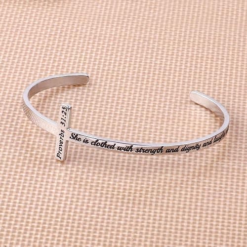 M MOOHAM Easter Basket Stuffers - Cross Bracelet Christian Gifts for Women - Engraved Quote Religious Cuff Bangle Bible Verse Jewelry Gift for Women Confirmation Baptism Gifts Christian Bracelet thumbnail 3