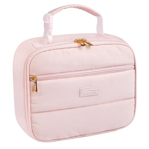 Aosbos Puffer Lunch Bag for Women Lunch Box Insulated Lunch Bags Mini Cooler Bag Lunch Kit Adult Reusable Snack Bag Kids Boite a Lunch Enfant for Work Picnic Outdoor (Pink) | 5L Capacity,5H Cold Insulation,Easy Clean Lining, Dual Metal Zippers,Water-Resistant - Image 1