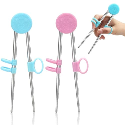 Patelai 2 Pairs Training Chopsticks for Kids, Children Learning Stainless Steel Reusable Metal Chopsticks Helper(Blue, Pink) - Image 1