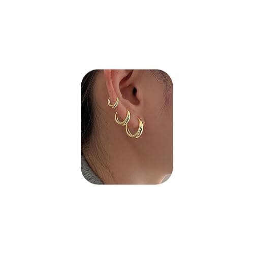 3Pairs Gold Hoop Earrings Set for Women Trendy Chunky Huggie Dainty Earrings Jewelry for Women Teens thumbnail 9