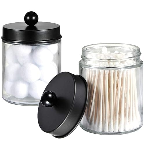 Amolliar 4 Pack Apothecary Jars Bathroom Vanity Storage Organizer Set -Countertop Canister with Stainless Steel Lids &Cute Stickers - Qtip Dispenser Holder for Qtips,Cotton Swabs,Makeup Sponges(Black) thumbnail 5
