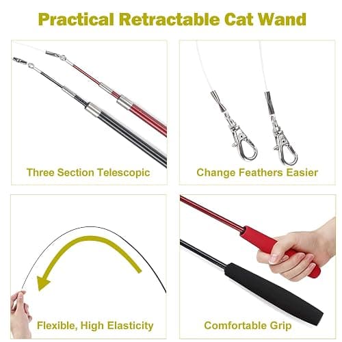 MeoHui Cat Toys for Indoor Cats, Interactive Cat Toy 2PCS Retractable Wand Toy and 9PCS Cat Feather Toys Refills, Funny Kitten Toys Cat Fishing Pole Toy for Bored Indoor Cats Chase and Exercise thumbnail 4