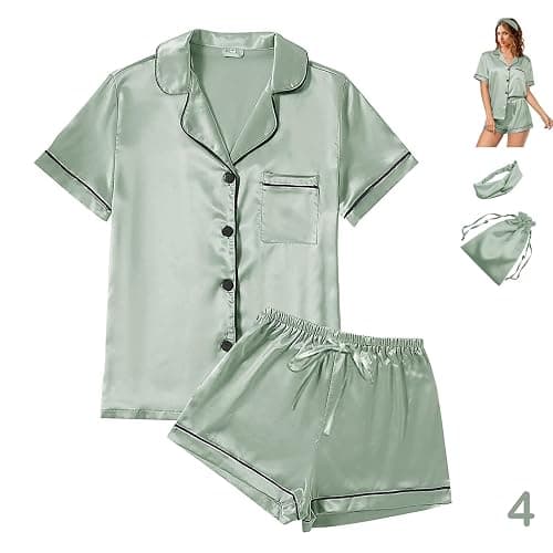 4Pcs Womens Satin Silky Pajama Sets Short Sleeve Shirt XS-4XL Floral Pajamas Set Soft PJ Loungewear Sleepwear thumbnail 5