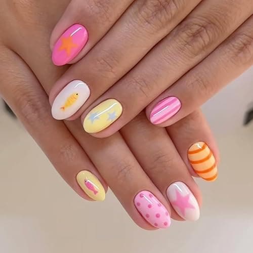 Short Oval Press On Nails Summer Fake Nails Star Fish With Polka Dot Line Design Cute False Nails Full Cover Artificial Glossy Stick On Nail Reusable Acrylic Nail For Women Manicure 24pcs - Image 1