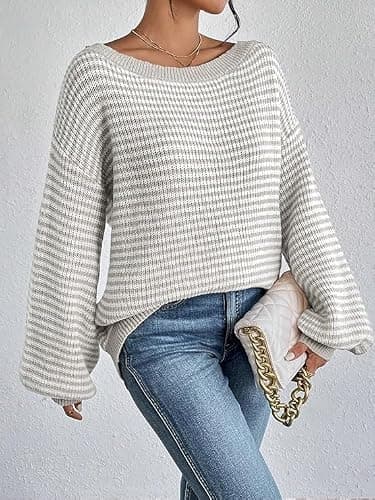 Women's Oversized Striped Sweater Casual Off The Shoulder Sweater Fall Long Sleeve Loose Knit Pullover Jumper Tops thumbnail 4