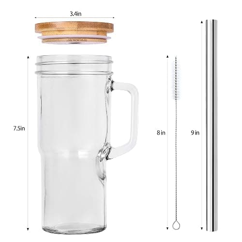24oz Glass Cups with Lids and Straws - Glass Tumbler cup with bamboo lids and straw iced coffee cup thumbnail 3
