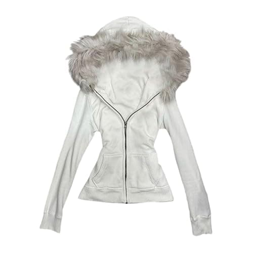 Vintage Fur Hood Jacket Fitted Zip Up Long Sleeve Hoodie Retro Cute Winter Streetwear - Image 1