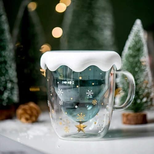 Christmas Cups, 10oz Double Walled Glass Coffee Mugs, Cute Cup with Lids and Handle, Funny Glasses Drinkware Coffee Cups, Christmas Gifts for Teens Girls Boys Women Men Friend Mom, Decorations Gifts - Image 1