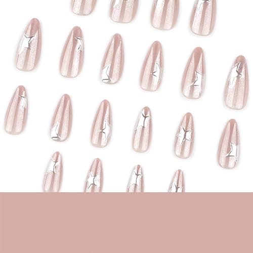 Mivota Medium Press on Nails Almond Cat Eye Nude Fake Nails Glossy Glue On Nails with 3D Silver Star Nail Art Designs, Decorative Thick Reusable Glossy Full Cover Stick on Nails for Women 24Pcs thumbnail 4