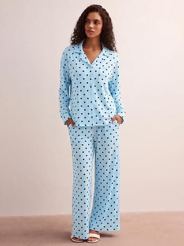 Tankaneo Womens Button Down Pajama Sets Long Sleeve 2 Piece Lounge Sets | Pjs, Polka Dot, Fruit Print, Wide Leg, Loose Fit, Lapel Collar, Night Suit, Cute Sleepwear thumbnail 2
