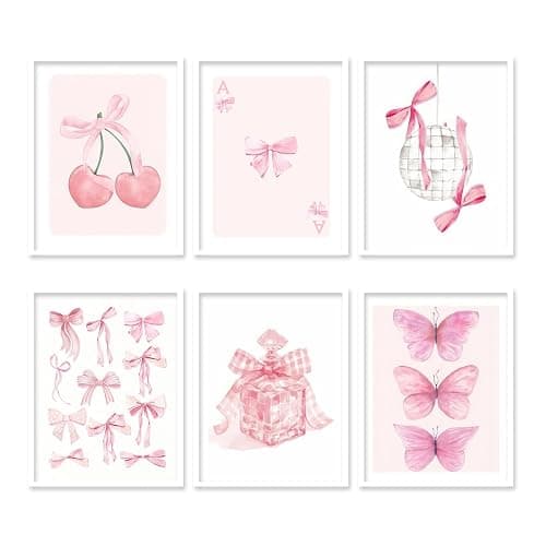 HNNXAR Coquette Trendy Preppy Poster Wall Art Set Of 6 Pink Bow Cherry Disco Ball Butterfly Canvas Picture Prints Decor Aesthetic For Girls Room College Dorm Apartment Bedroom 8x10 Unframed - Image 1