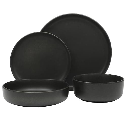 Gibson Elite Pasco 16 Piece (Service for 4) Plates and Bowls Double Bowl Reactive Glaze Dishes Stoneware Ceramic Dinnerware Set - Black thumbnail 4
