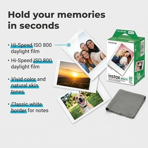 Fujifilm Instax Mini Instant Film, 20 Sheets – White Daylight ISO 800 for Instax Mini 13, 12, 11, 41 Cameras –Bundeld with The Tudak Store Microfiber Cleaning Cloth thumbnail 2