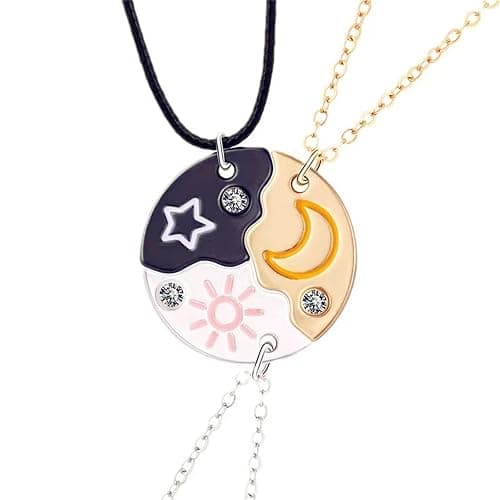 3pcs Friendship Moon Sun Star Puzzle Matching Necklace Set Gold Silver Plated Cute Crescent Round Circle Geometric Best Friend BFF Pendant Necklace for 3 Women Sisters Daughter Birthday Jewelry Gifts - Image 1
