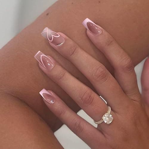 GlamRays Pack of 24 Pink Coffin Press On Nails, Deep Gradient Colour, French Manicure with Heart Decoration thumbnail 6