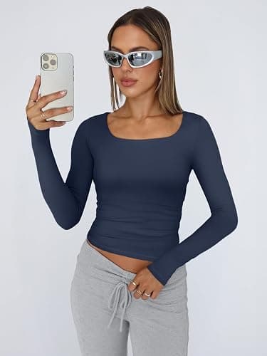 Trendy Queen Womens Long Sleeve Shirts Crop Tops Fall Fashion 2025 Square Neck Going Out Basics Tees Y2k Clothes thumbnail 2