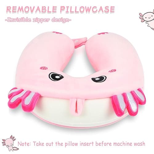 Travel Pillow, Kids Travel Pillow with Sleep Eye Mask Soft Memory Foam Kids Neck Pillow for Boys & Girls, Travel Accessories for Car Airplane Traveling - Axolotl thumbnail 4
