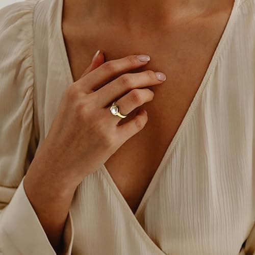 HOSICRON Pearl Ring for Women, 18K Gold Plated Rings for Bride Wedding Engagement Band Birthday Jewelry for Women Fits Sizes 5 to 11 thumbnail 3