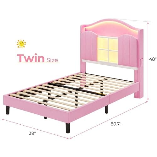 BTHFST Twin Girl Bed with LED Lights & Charging Station, Upholstered Storage Headboard Platform Twin Size Princess Bed Frame, No Box Spring Needed/Noise-Free/Easy Assembly, Pink thumbnail 2