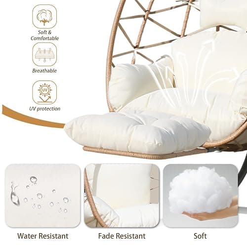 Jadoxy Hanging Egg Chair with Leg Stand, Indoor/Outdoor Swing Egg Chair Hammock Basket Seat Chair with Cushion for Porch Balcony Garden Patio (Ribbon+Rattan, Yellow+White) thumbnail 4