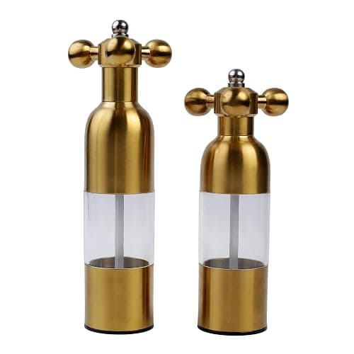 (Gold,2PCS) Salt, Pepper Modern Manual Grinder Set with Solid Handle - Stainless Steel Juego de Molinillo Dorado/Antique Faucet Shakers | Refillable Adjustable Coarseness Mill for BBQ Restaurant, Home - Image 1