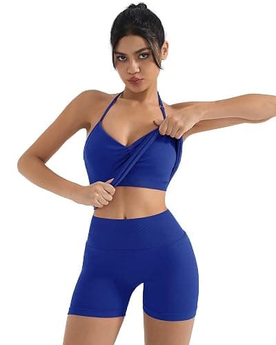 SUUKSESS Women 2 Piece Seamless workout Sets Halter Backless Impact Longline Strappy Tank Top Sport Gym Yoga Bike Shorts thumbnail 3