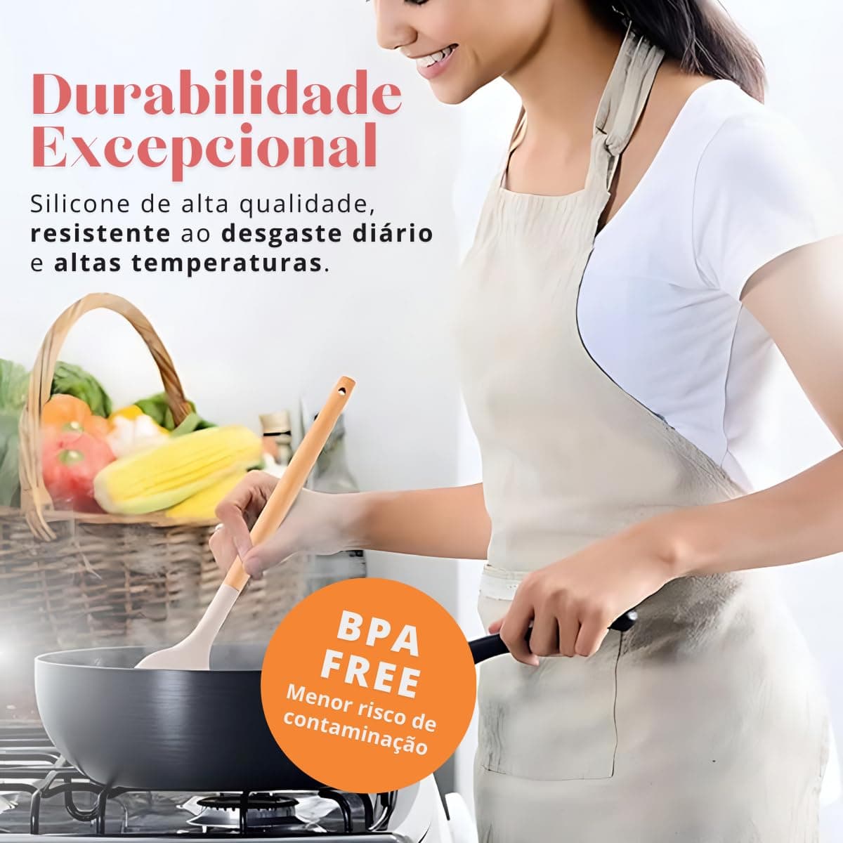 Conjunto de Utensílios de Cozinha, 12 Peças, Silicone e Madeira, Design Ergonômico, Antiderente e Resistente ao calor (Caqui) thumbnail 2