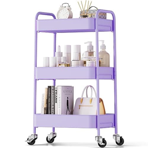 TOOLF 3-Tier Metal Rolling Cart with Wheels, Storage Utility Organizer Cart for Kitchen, Bathroom, Office, Baby Essentials & Makeup - Lockable Casters, Easy Assembly, Large Capacity, Purple - Image 1