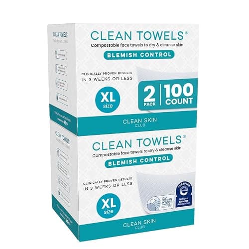Clean Skin Club Blemish Control Clean Towels® XL, Compostable Face Towels, Eczema Association Accepted Disposable Face Towelette, Makeup Remover Dry Wipes, 2 Packs, 100 Ct Total - Image 1