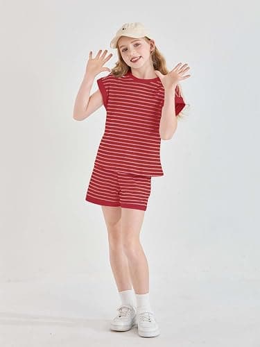 Haloumoning Girls 2 Piece Lounge Set Kids Striped Knit Short Sleeve T-Shirts Elastic Waist Shorts Casual Summer Clothing Sets thumbnail 2