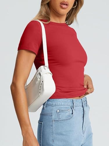 Trendy Queen Womens Stretchy Soft Opaque Basic T Shirts - Slim Fit Short Sleeve Y2k Cute Summer Crop Workout Tops thumbnail 3