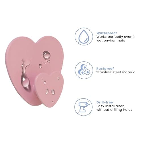 Qlirovix Self Adhesive Towel Hooks 4 Pack Pink Heart Shaped Wall Hooks, No Drill Stick on Hooks for Bathroom thumbnail 4