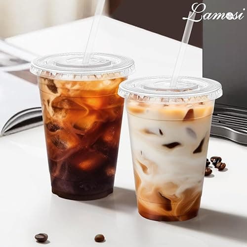 Lamosi 100 Pack 16 oz Clear Plastic Cups with Lids and Straws, Disposable Plastic Coffee Cups with Lids for Iced Coffee, Cold Beverages, Smoothies and To-Go Drinks thumbnail 2