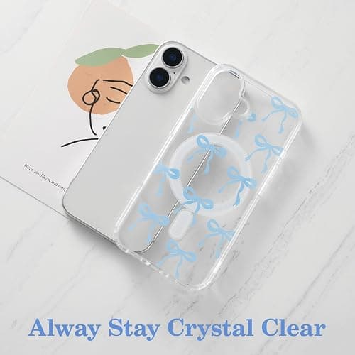 UEEBAI Magnetic for iPhone 17 Case, Bow Case Compatible with MagSafe, Wireless Slim Clear Ribbon Aesthetic Phone Cover Anti-Yellowing Shockproof Protective Cover for Women Girl - Baby Blue thumbnail 3