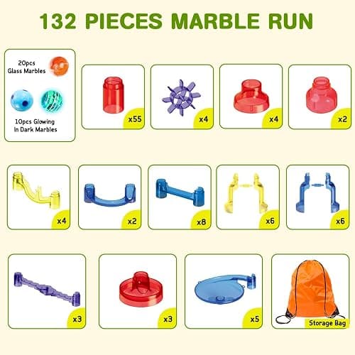 Meland Marble Run - 132Pcs Marble Maze Game Building Toy for Kid, Marble Track Race Set & STEM Learning Toys for Boy Girl Age 3 4 5 6 7 8 9+ (102 Translucent Marbulous Pcs & 30 Glass Marbles) - 132pcs with Glowing Marbles thumbnail 3