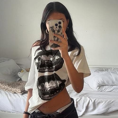 HOHOPEACH Streetwear Grunge One Shoulder Tops Women Teens Oversized Short Sleeve Graphic Tees Y2k Shirt Emo 2000s Clothing thumbnail 4