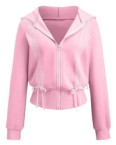 Cioatin Women Cute Lace Patchwork Bow Zip Up Crop Hoodie Y2K Coquette Fleece Casual Hooded Sweatshirt Jacket Pullover - Small - Pink