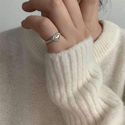 Vintage Heart S925 Sterling Silver Ring for Women Dainty Engagement Promise Love Expandable Open Finger Statement Stacking Rings Adjustable Fashion Gift Valentine's Anniversary(Polished) thumbnail 3