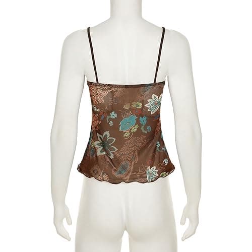 Women's Retro Printed Halter Top,Mesh Pleated Strappy Neck,Stylish Sleeveless Slim Top Base Layer thumbnail 4