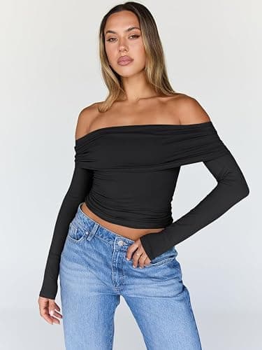 Trendy Queen Women Long Sleeve Shirts Off Shoulder Tops Going Out Crop Sexy Slim Fitted Y2K Fall Outfits 2025 Fashion Clothes thumbnail 2
