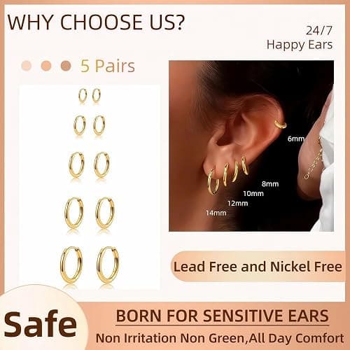 5 Pairs 14K Gold Plated Huggie Hoop Earrings for Women - Lightweight Minimalist Small Hoops, Hypoallergenic Nickel-free Lead-free, Non-Tarnish Everyday Jewelry for Sensitive Ears, Multiple Piercing Stack Set thumbnail 2