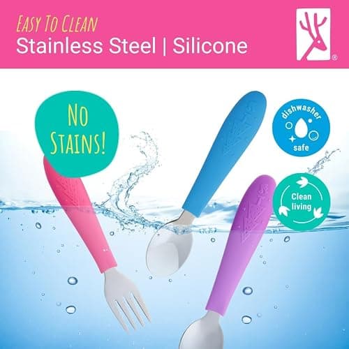 Elk and Friends Kids Silverware with Silicone Handle | Childrens Safe Flatware | Toddler Utensils | Baby Spoons + Forks | Stainless Steel Cutlery thumbnail 6