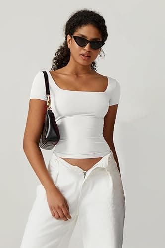 QINSEN Women's Square Neck Short Sleeve Double-Layer Tops Basic Slim Fit Going Out T Shirt thumbnail 5