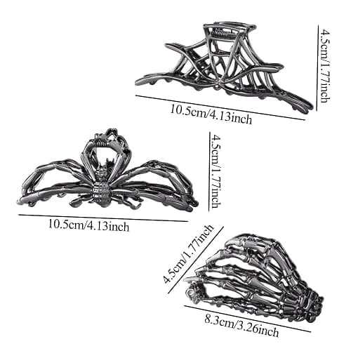 3PCS Black Spider Web Skeleton Hand Skull Hair Claw Clips for Women And Girls, Hiphop Metal Large Medium Size for Thick Thin Hair, Headband Barrette for styling Hair Accessories Party Gift (Black Gun) thumbnail 2