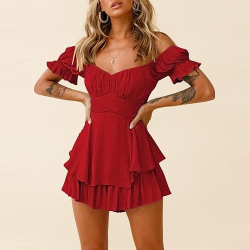 Fixmatti Women Boho Romper Off Shoulder Ruffle Chiffon Shorts Jumpsuit Playsuits thumbnail 3