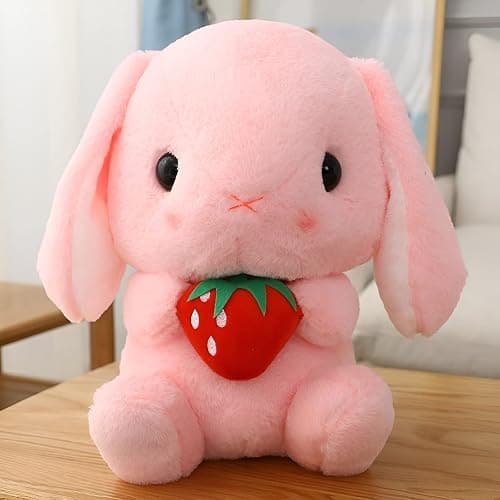 HOUPU Soft Toy - Sitting Lop Eared Rabbit, Easter White Rabbit Stuffed Bunny Animal with Carrot Soft Lovely Realistic Long-Eared Standing Pink Plush Toys (Pink-Strawberry,8.6in/22cm) thumbnail 2