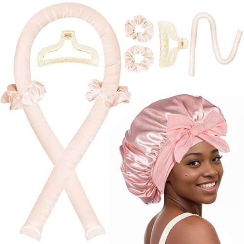 Heatless Hair Curler,Blowout Heatless Curls Overnight,No Heat Curling Rod Set with Satin Bonnet for Sleep in,Cream - Image 1